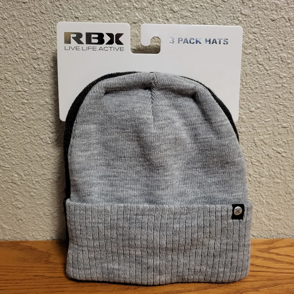 NWT 3 Pack RBX Knit Beanies - Light Gray, Gray & Black
